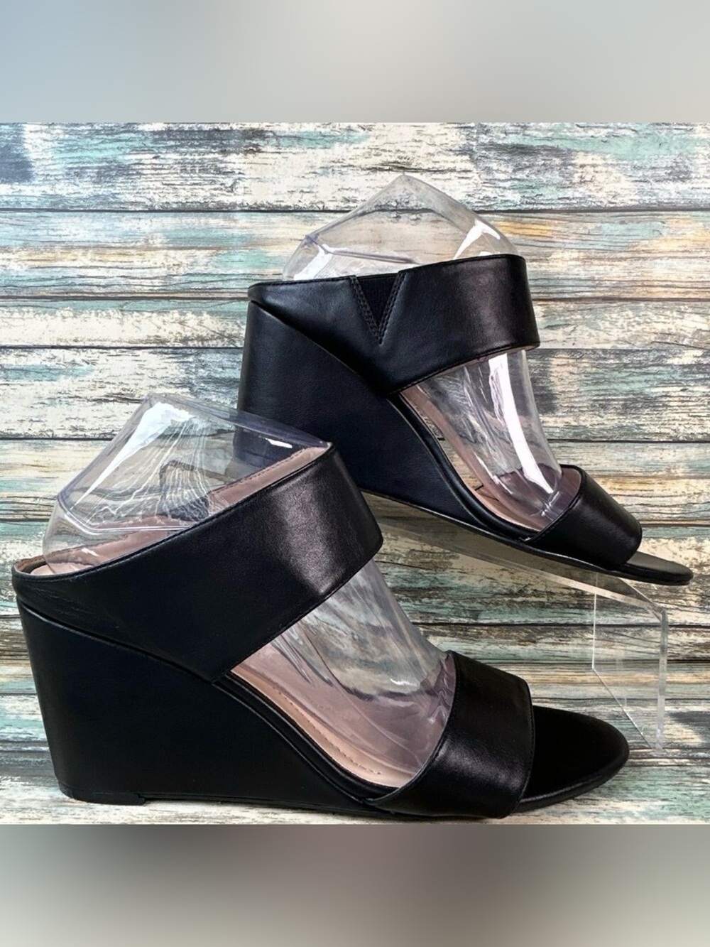 Andrew Geller Barbara Wedge Heel Slide Sandals Womens 10 Black Leather Open Toe